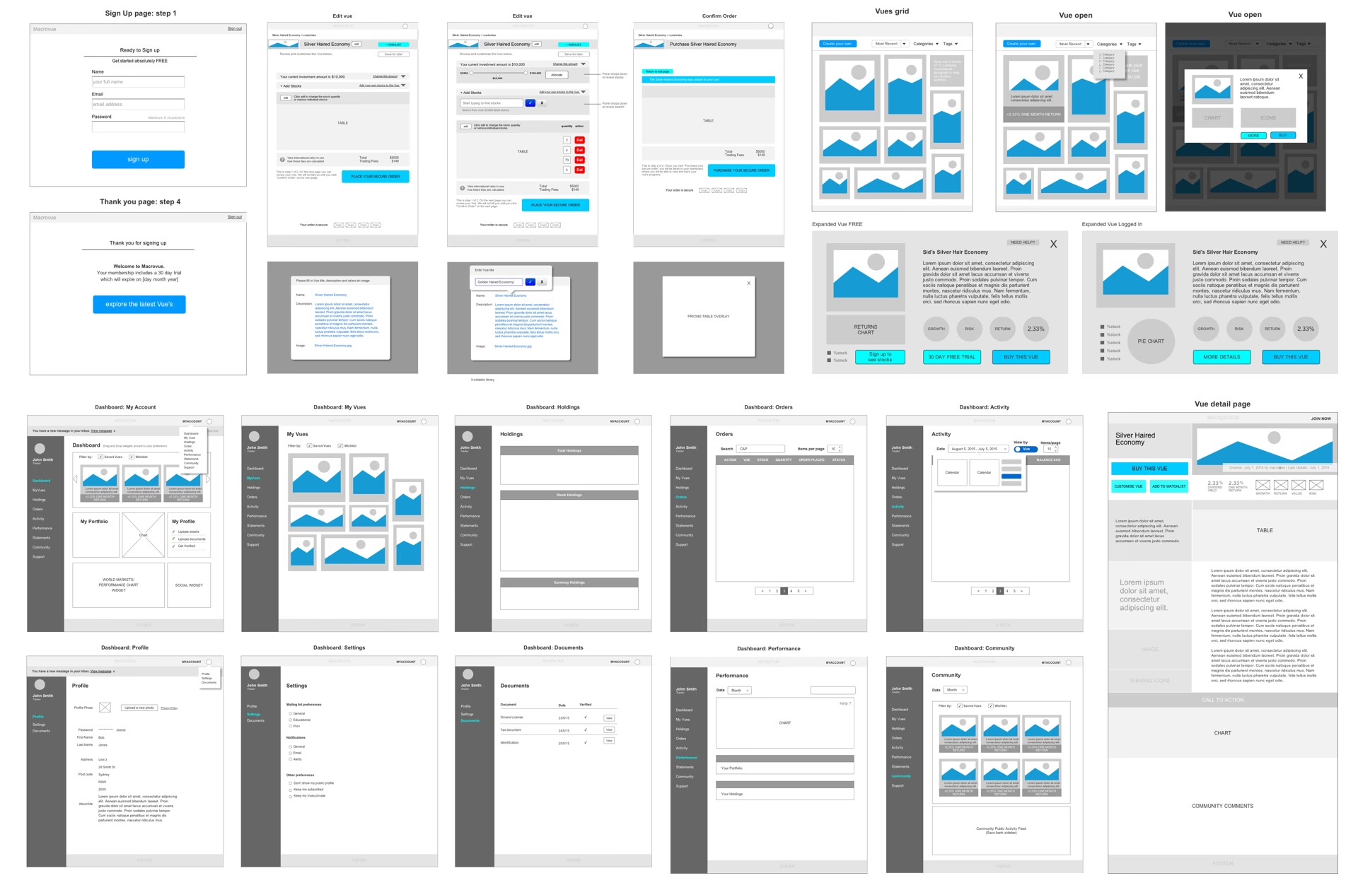 Wireframes for desktop and tablet, annotated with technical detail.