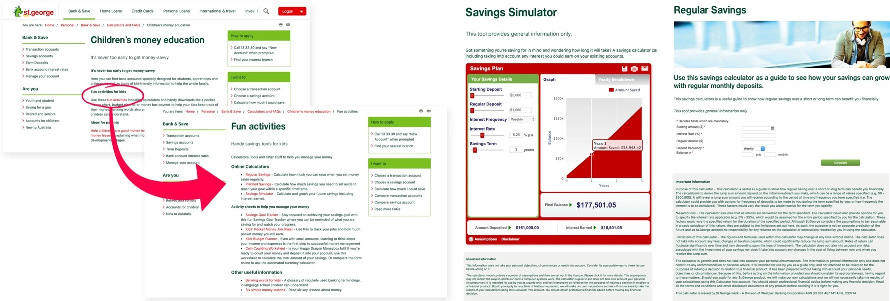 A major bank's onboarding content aimed at kids, showing dense text and a savings simulator built for adult audiences.