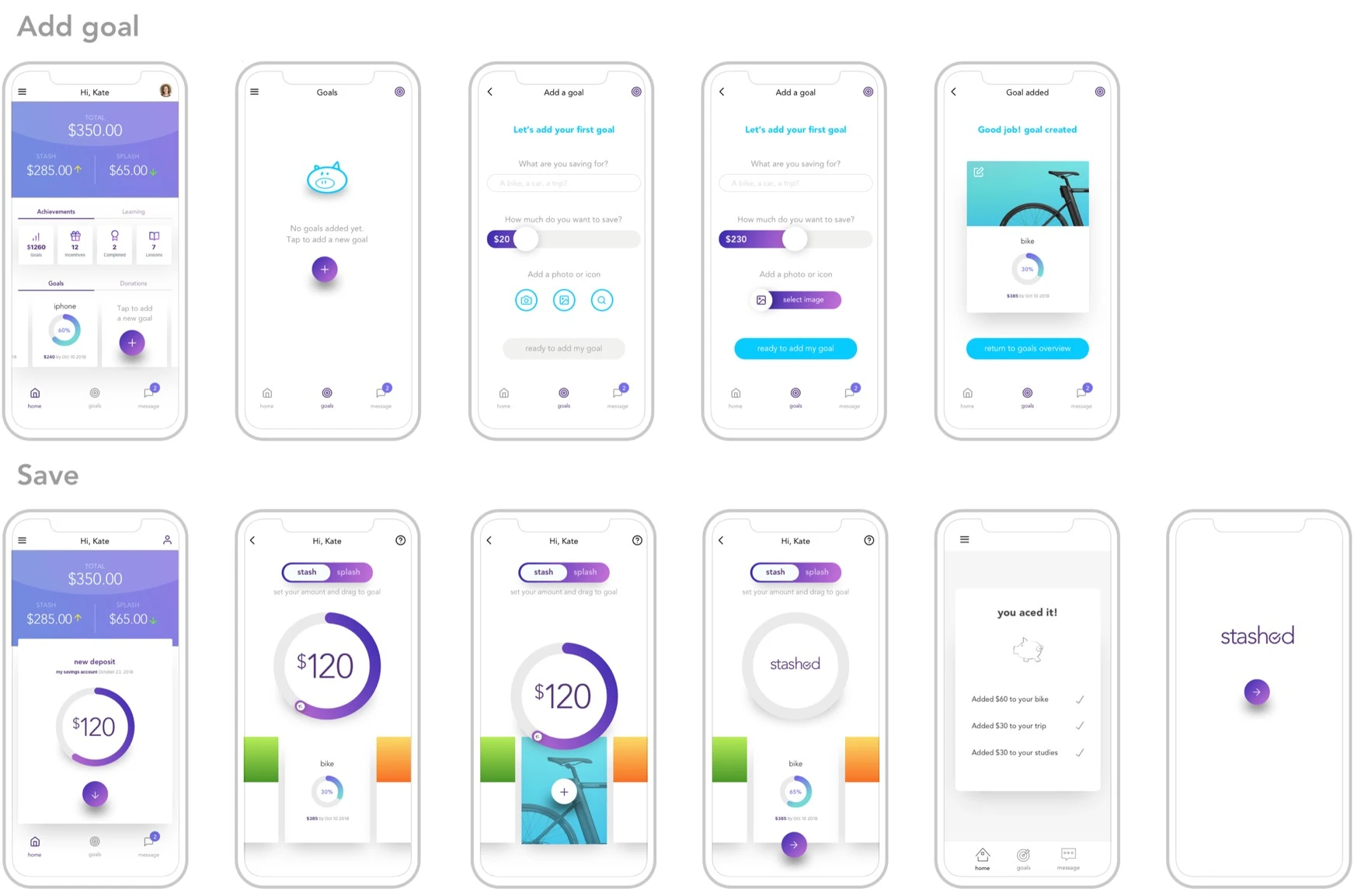 High-fidelity screen designs for the Stash or Splash app.